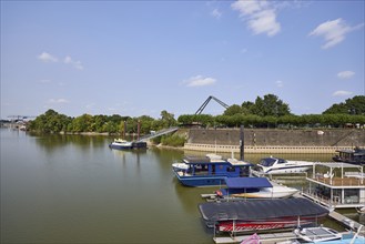 Marina Düsseldorf with bridge at the media harbour and police boat in Düsseldorf, state capital,