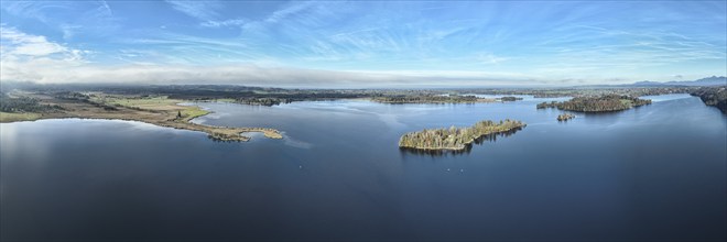 Panorama aerial view of lake Staffelsee near Murnau, Murnaue Moss to islands Wörth, Kleine Birke,