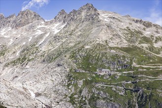 Rhone glacier, valley glacier in the headwaters of the Rhone in the Swiss Alps. Melting glacier,