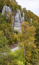 Swabian Alb in autumn, Albtrauf with colourful mixed forest and rocky landscape. Bad Urach,