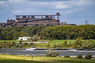 Rhine at Duisburg-Beeckerwerth, freighter loaded with coal, Oxygen steelworks 2 Industrial backdrop