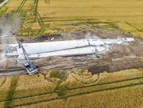 Demolished tower of a 20 year old wind turbine, in the Werl wind farm, 5 old Enercon E-66 turbines