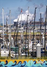 Seaport Marina IJmuiden, marina, sailing boats, yachts, behind the Tata Steel steel and smelting