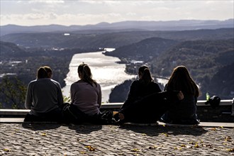 View from the Drachenfels plateau, on the Rhine to the south, tourists, the Drachenfels is a