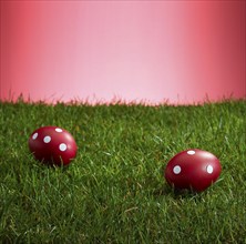 Turf in front of a red background, on it 2 red Easter eggs with white dots, studio shot