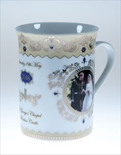 Souvenir mug for the wedding of Prince Harry and Meghan Markle, on 19 May 2018 at Windsor Castle,