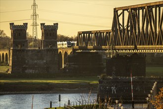 Hochfeld railway bridge near Duisburg over the Rhine, old bridge tower, near Duisburg, North