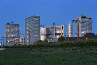 Skyline of Essen city centre with various administrative buildings and headquarters of large