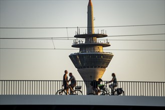 Skyline of Düsseldorf on the Rhine, Rhine Tower, Oberkassler Bridge, Düsseldorf, North