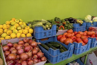 Market stall with various vegetables such as tomatoes, onions, peppers and lemons in blue boxes in