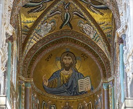 Christ Pantocrator mosaic, Cefalù Cathedral, Cefalu, Sicily, Italy, Europe