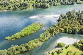 Aerial view of river Rio Palena between La Junta and Puerto Raul Marin Balmaceda, Patagonia, Chile,