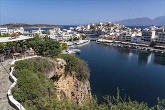 Taverna Gioma above the village of Agios Nikolaos, in the eastern part of Crete, view over Lake