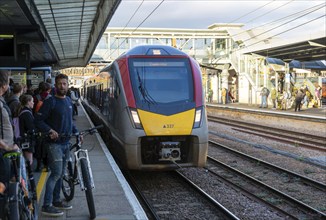 Greater Anglia class 755 FLIRT train arriving at platform, Cambridge, Cambridgeshire, England, UK