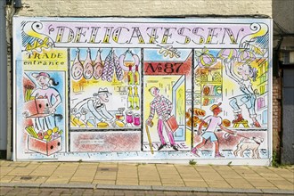 Artwork 'Delicatessen' painting on board up shop by Allan Drummond 2021, High Street, Lowestoft,