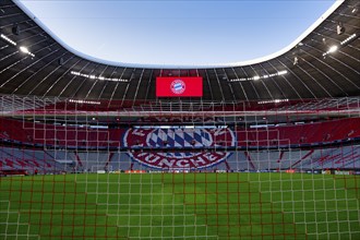 Stadium interior, pitch, scoreboard, FC Bayern Munich FCB logo, empty, goal net, Champions League,