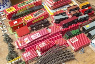 Vintage Horny Dublo train set on display at auction room, UK