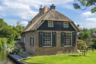 Thatched roof house, house, farmhouse, village, rural, flowers, well-kept, blue sky, architecture,