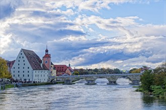 The Danube and the Stone Bridge in Regensburg. Regensburg, Bavaria, Germany, Europe