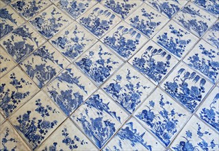 Blue and white porcelain tiles, Paradesi Synagogue, Matancherry, Jew Town, Cochin, Kerala, India,