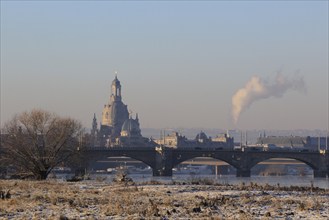 Morning in winter in Dresden, view to the Church of Our Lady, Saxony, Germany, Europe