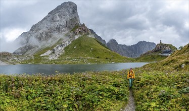 Wolayersee and Wolayerseehütte, hiker on the Carnic High Trail, Carnic Alps, Carnic Alps main