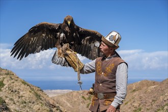 Traditional Kyrgyz eagle hunter with eagle in the mountains, near Kysyl-Suu, Kyrgyzstan, Asia