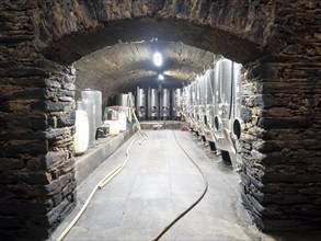 Stainless steel wine barrels in the wine cellar at the winery for fermenting Riesling wines,