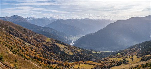 View of the mountain panorama and the Upper Inn Valley in the morning light, Krahberg on the Venet