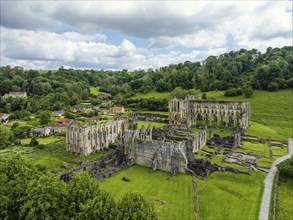 Rievaulx Abbey from a drone, North York Moors National Park, North Yorkshire, England, United