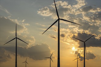 Wind farm, wind turbine, wind turbines, in front of sunset, storm clouds, Swabian Alb,