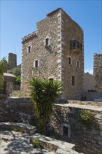 Historic stone village building with plants in the foreground, residential towers, Vathia, Ithylo,