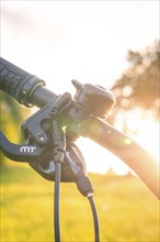 Bicycle handlebars with bell and sunbeams in the sunset, forest bike, e-bike, Calw, Black Forest,