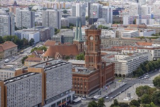 City view. View of the Rotes Rathaus, Nikolaikirche and prefabricated buildings. Berlin, Germany,