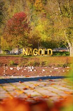 Golden NAGOLD lettering in front of colourful autumn trees in a park, Nagold, Black Forest,