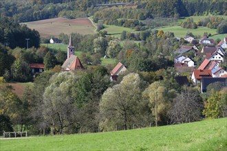 Franconian village Osternohe with the Trinity Church, behind the motorway A9, Middle Franconia,