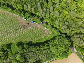 Aerial view of a solar park under construction at the edge of the forest with construction site