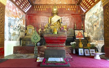 Golden Buddha statue, Bhumispara-mudra, Buddha Gautama at the moment of enlightenment, Wat Long