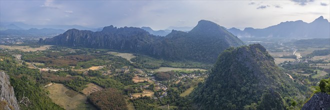 Panorama of Vang Vieng and the Kart landscape from Pha Ngern View Point, Vientiane Province, Laos,