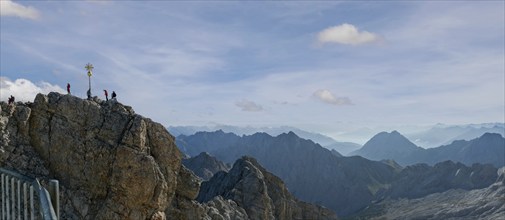 Summit with summit cross and view from the Zugspitze, Wetterstein range, Upper Bavaria, Bavaria,