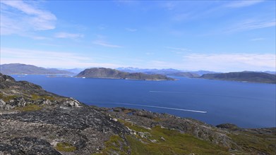 Scenic views Greenland glacier lakes and mountains near Qaqortoq close to icebergs and glaciers