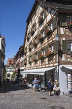 Half-timbered house and souvenir shop, gift shop in the old town centre of Meersburg on Lake