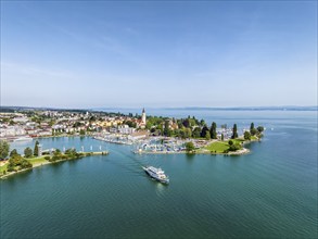 Harbour area, ferry port, yacht harbour, marina of Romanshorn with Seepark, and the departing