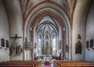 Interior view of choir, neo-Gothic high altar, altar, funeral service, coffin, parish church, Dorf