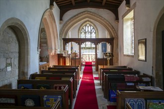 Interior view of chancel arch and altar, church of Saint Michael, Yanworth, Gloucestershire,