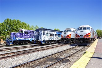 Trains of the New Mexico Rail Runner Express regional train railway in Santa Fe, USA, North America