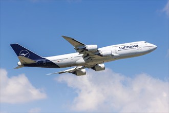 A Lufthansa Boeing 747-8 aircraft with the registration D-ABYA at the airport in Frankfurt,