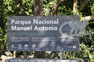 Sign at the entrance to the national park, Manuel Antonio National Park, Puntarenas district, Costa