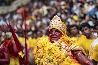 GUWAHATI, INDIA, AUGUST 19: Priest dance in the beat of Dhol (Drum) during the annual