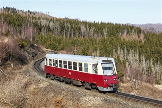 Railcar train of the Harzer Schmalspurbahnen HSB railway in Wernigerode, Germany, Europe